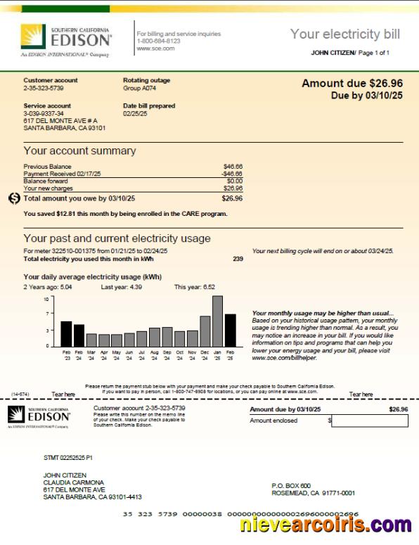 USA Southern California Edison utility bill, version 2